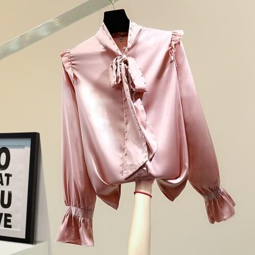 Beaded Glossy Shirt Woman 2021 Spring Korean Style Loose Solid Color Top Temperament Office Lady Ruffled Bowknot Blouses