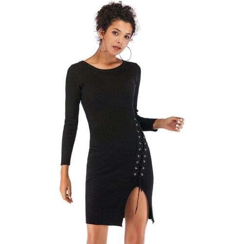 Neatie kiddie Fashion Black Women Slim Bodycon Dress Ladies Long Sleeve O-neck Split Mini Knitting Dress Vestido Festa