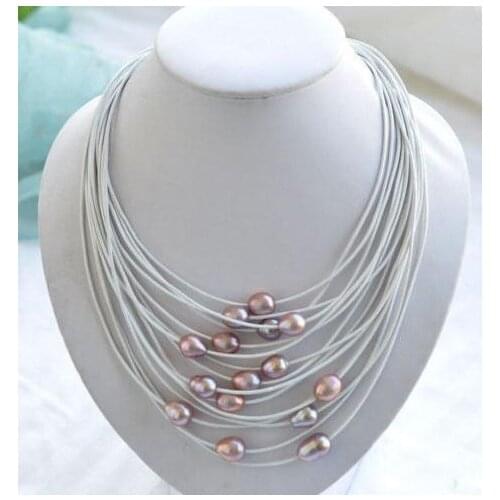 Elegant Handmade Real Pearl Jewelry 15 Rows 20'' 13mm Lavender Rice Freshwater Pearl White Leather Necklace Magnet Clasp