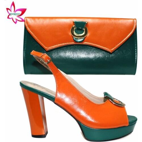 Italian Women Matching Shoes and Bag Set Slingbacks Super Heels Sandals Match Bag for Party in Orangne with Dark Green Color