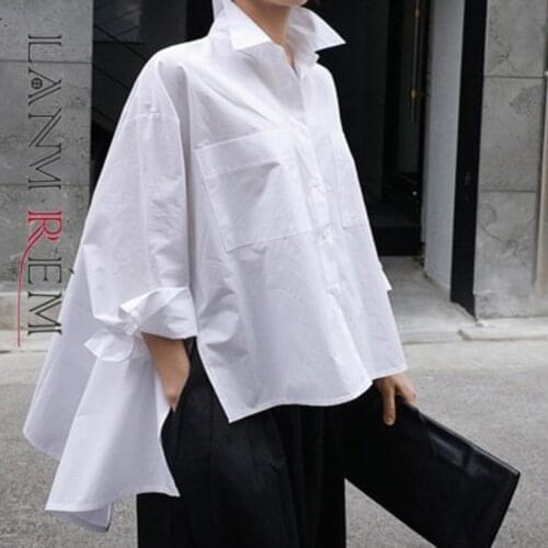 LANMREM 2021 Summer Lapel Full sleeves Single Breasted Shirt front Short Back Longer Irregular White Shirts Fashion Top JU847