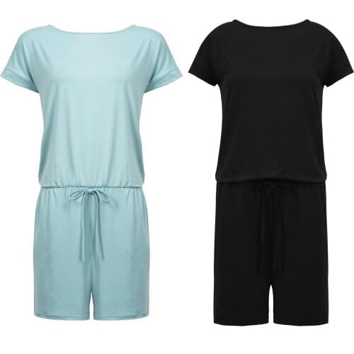 Summer Sleepwear Women Pjama Lace-up Keyhole Back Casual Bodysuit Rompers Overalls Short Sleeve Playsuit Homewear with Pocket