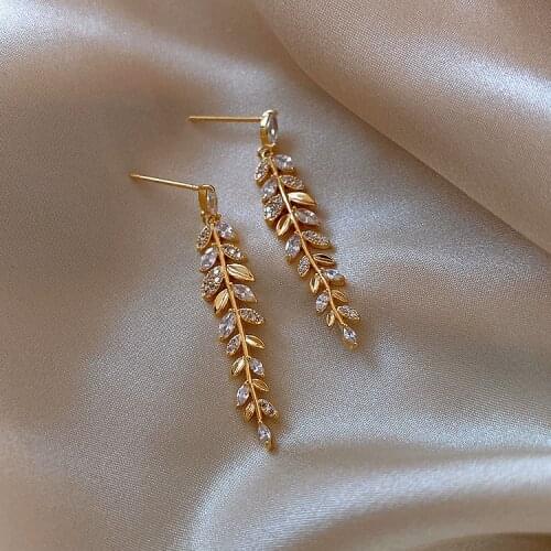 Hot selling fashion jewelry exquisite copper inlaid zircon leaf wheat ear tassel earrings elegant womens prom party earrings