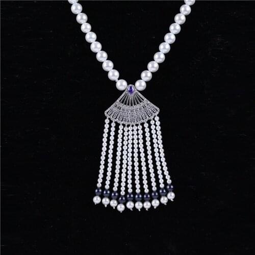 Fashion elegant white round 8mm shell beads necklace fanshaped tassel pendant necklace mother of pearl necklace jewelry