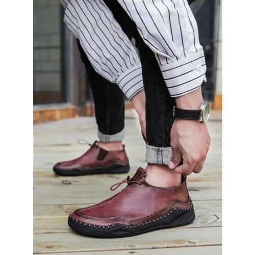 Mens Spring Autumn Casual Shoes Leather Round Head Hand Sewn Lace Up Large Size Casual Shoes Soft Anti Slip Casual Shoes 38-48