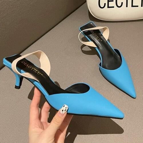 2021 Summer Women Outdoor Slippers Cute Design Slip On Mules Shoes Pointed Toe Slides Sandals Pumps Yellow Blue Low High Heel