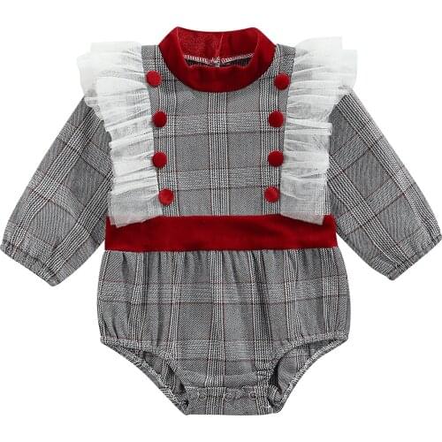 Infant Baby Girls Casual Romper, Grey Plaid Printed Pattern Long Sleeve Round Collar Lace Hem Jumpsuits, 0-24 Months