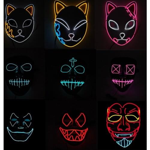 Glowing Monster EL Wire Mask Halloween Party Cosplay Costume Props Demon Slayer Luminous LED Fox Mask