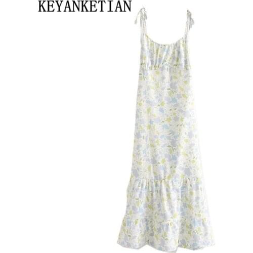 KEYANKETIAN Ruffled flower print suspender dress halter dress Pleated midi dress