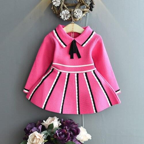 Teenster Little Girls Christmas Long Sleeve Princess Dresses Vestidos Fall Kids Clothes Bow Tie Stripes Knit Sweater Dress