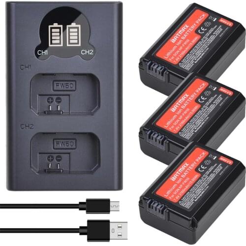 2Pcs 2160mAh NP-FW50 NP FW50 NPFW50 Battery Akku + LCD Dual Charger for Sony Alpha a6500 a6300 a7 7R a7R a7R II a7II NEX-3 NEX-5