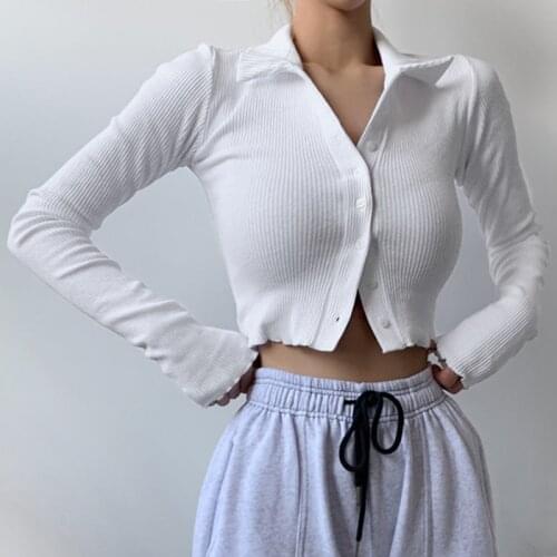Casual Ribbed Knit Turn-Down Long Sleeve Women Crop White T-Shirt Female Single-Breasted Tee Shirt Top For Women Clothing 2020