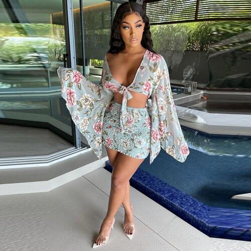 Vintage Flower Print Bandage 2 Piece Set Women Clothing Bow Tie Flare Sleeve Chiffon Top and Ruched Skinny Shirt Matching Suit