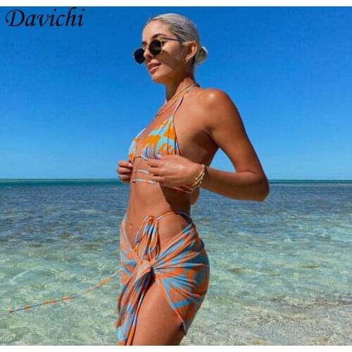 2021 Summer Skirts Sets Bikini Sexy Womens New Style Tie Print Beach Swimsuit Yellow Orange Blue Vacation Three-piece Suit