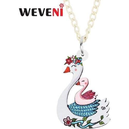 WEVENI Mothers Day Acrylic Sweet Flower White Pink Ducks Necklace Pendant Long Fashion Charm Chain Jewelry Gift For Women Girls