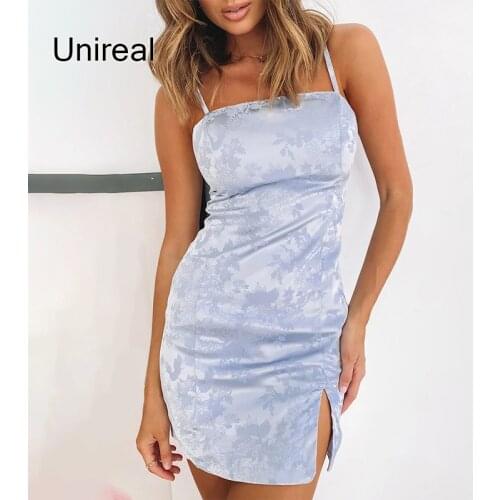 Unireal 2020 Summer Women Satin Dress Spaghetti Strap Floral Print Sexy Bodycon Mini Dress