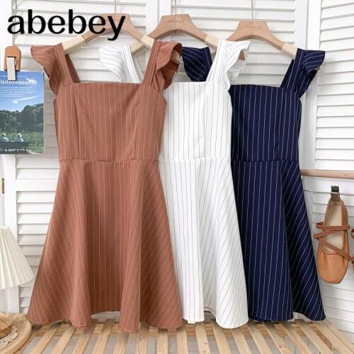 Temperament square collar flying sleeve Dress Ruffles patchwork high waist stripe print short A-line Dress 2021 New Summer