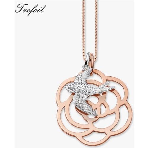 Link Chain Statement Necklace Swallow And Rose, Fashion 925 Sterling Silver Jewelry Romantic Gift For Women Girls 2018 New