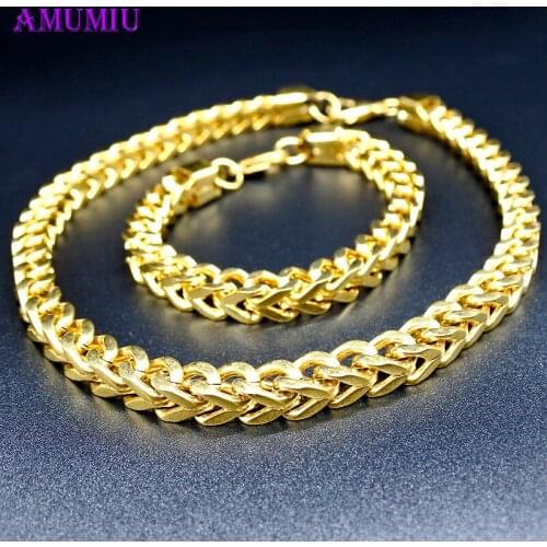 AMUMIU Gold Color 11mm Chain Necklace Bracelet Jewelry Sets For Men Women Classic Charm Fine Cool Punk JS122
