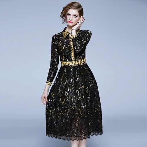 Banulin Runway Long Sleeve Dress Vintage Floral Print Elegant Women Lace Patchwork Hollow Out Dress Spring Vestidos Elbise