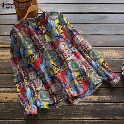 Womens Vintage Blouses ZANZEA Fashion Long Sleeve Blusa Casual Geometric Print Top 2021 Autumn O Neck Cotton Pullover Plus Size