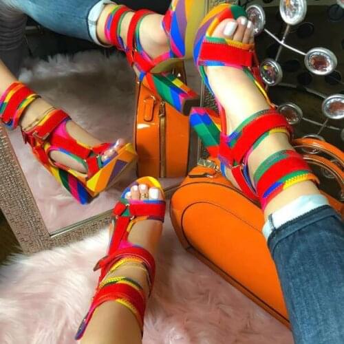 Rainbow Chunky Buckle Strap High Heels Sandals Mixed Color Platform Women Square Heels Sandals Summer Banquet Dress Shoes
