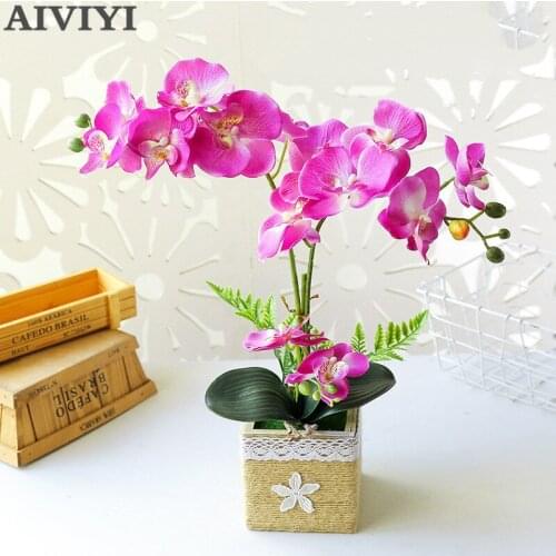 Four Sided Tub with Two Forks Bonsai Artificial Flower Orchid Phalaenopsis Potted Wedding Flower Silk Home Decor Indoor