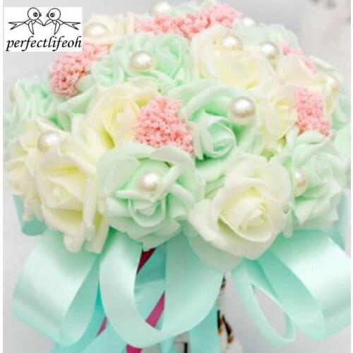Perfectlifeoh Hand holding flower bride wedding holding flower bridesmaid flower girl Korean simulation tiffany tiffany blue