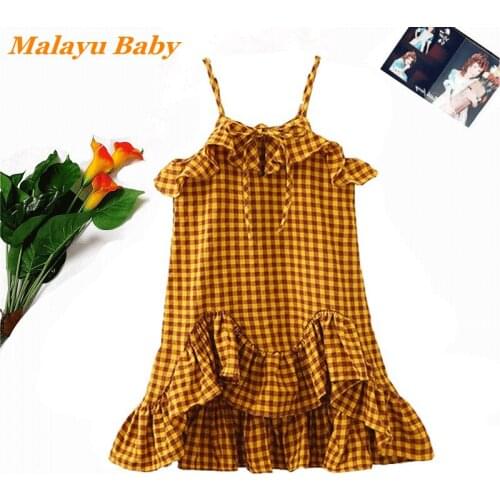 Malayu Baby Girl Dress 2021 Summer New Kids Plaid Ruffled Irregular Suspender Princess Dress 2-6 Years Child Clothes For Girls