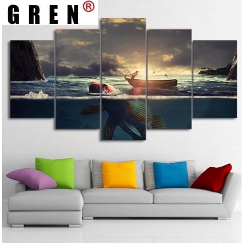 GREN Natural 5 Panel Animal Fish Wall Art Canvas Painting Style Wall Pictures For Living Room Cuadros Modern Decor Paintings