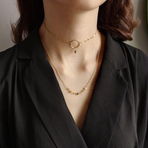 Women 925 Sterling Silver Gold Round Disc Staking Sequin Bib Necklace Shimmery Circle Star Charm Short Choker Statement Necklace