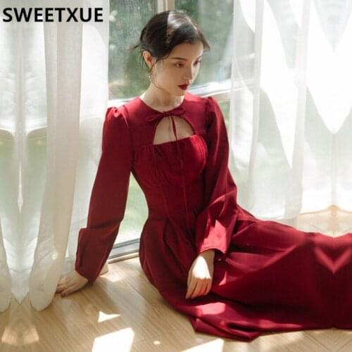 SWEETXUE French Retro Red Dress 2021 New Vintage Long sleeve Temperament Dress Chic Fairy Female Vestido Mujer