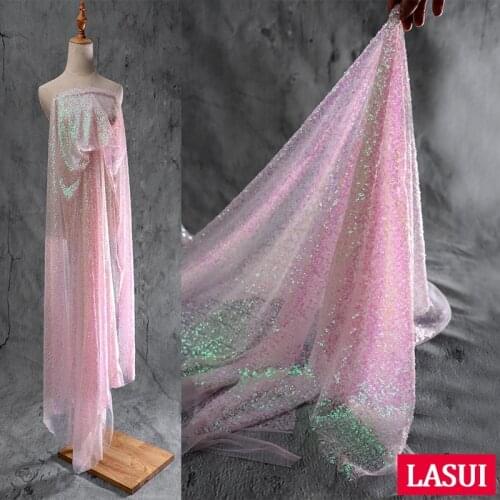 LASUI NEW 1 yard=1 piece W0127 designer fabric fashion For sewing gradient pink small round fish scale sequins mesh lace fabric