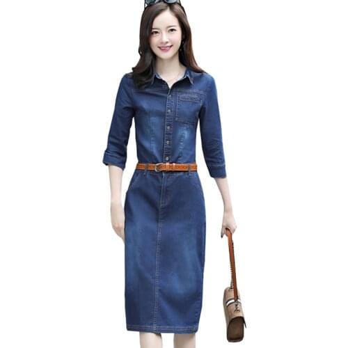2021 Hot Sale Women Fashion Half Sleeve Dresses Solid Slim Denim Shirt Dresses Ladies Knee-length Jeans Vestido spring OK111