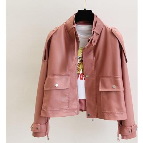 Trendy Nice New Autumn Women Streetwear Pink Pu Faux Soft Leather Jacket Casual Female Motorcycle Biker Zipper Big Pocket Coat