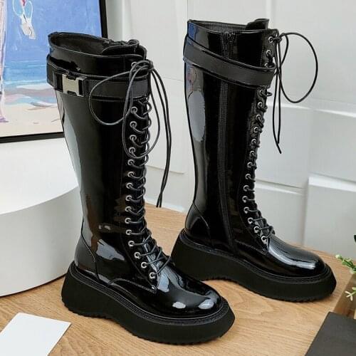 Fashion Retro Black Martin Boots Spring Autumn Brand Design Leather Women Shoes Vintage Knee-Length Lace-Up Female Boots
