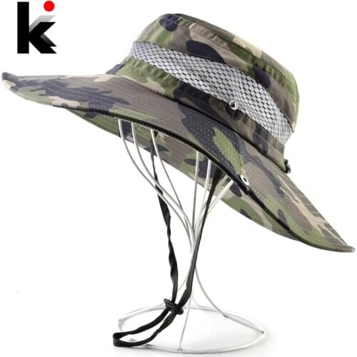 Mens Bob Bucket Cap Summer Breathable Wide Brim Sun Hat Outdoor Hiking Hanting Camouflage Hat Fishmen Sun Protection Sunhat