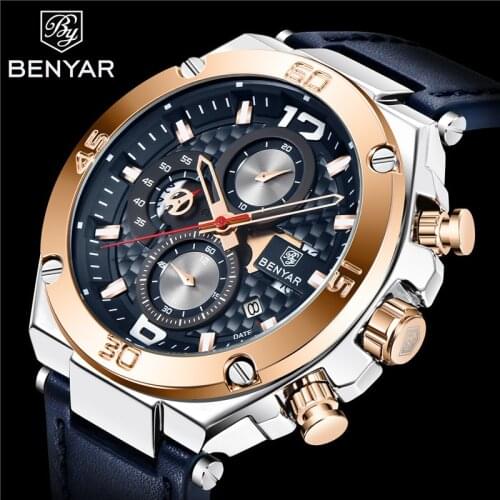 BENYAR Man Sport WristWatch Waterproof Chronograph Men Watch Military Army Top Brand Luxury Gold Genuine Leather Male Clock 5151