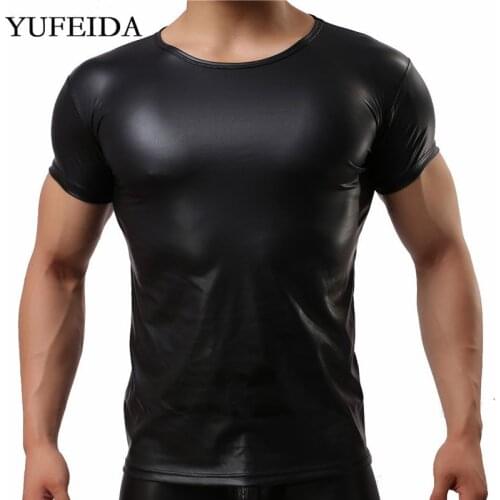 Men Shirts PU Leather Short Sleeve T Shirts Sexy Fitness Tops Gay Latex Black T-shirt Stage Tee Party Night Clubwear Men Clothes