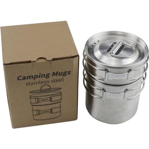 Stainless Steel set of Picnic Coffee Cup Beer Mug Folding Spork Water Cup Outdoor Camping Water Cup with Foldable Handle