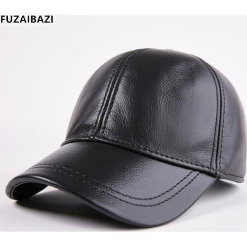 FUZAIBAZI New Adjustable Genuine Leather Hat Men Cowhide Baseball Cap Middle-Aged Elderly Autumn Winter Earmuffs Warm Caps