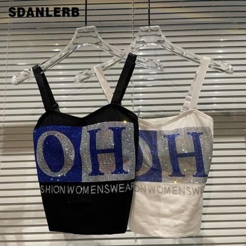 Fall 2021 New Fashionable Crop Top Letters Hot Drilling Contrast Color Stretch Slim-Fitting Suspenders Vest Female Tank Top