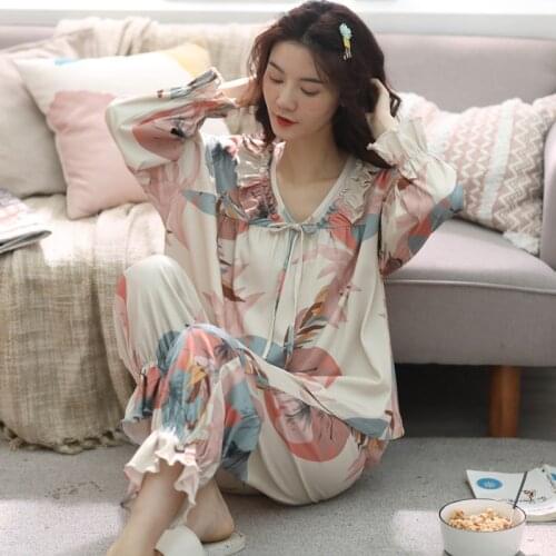 Fdfklak Floral Womens Pajamas Soft Pure Cotton Pijamas 2021 Autumn New Home Wear M-XXL Plus Size Leisure Sleepwear Pjs