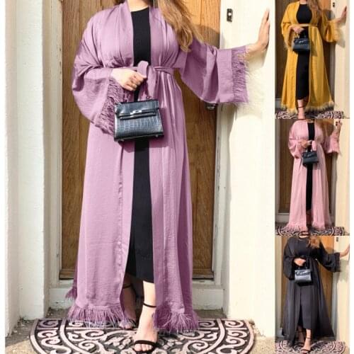 Open Abaya Dubai Turkey Islam Arabic Muslim Feather Tassel Lace up Dress Kimono Robe Longue Femme Musulmane Abayas For Women