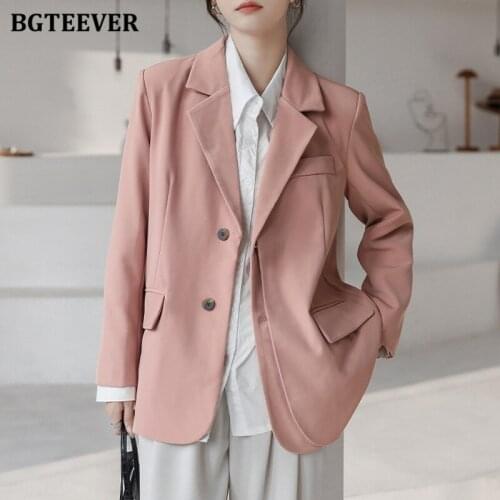 BGTEEVER Casual Loose Notched Collar Solid Blazer for Women Elegant Long Sleeve Single-breasted Female Suit Jackets 2021 Spring