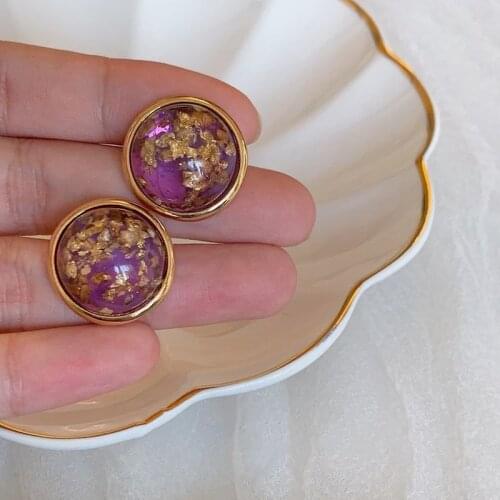 Retro Shiny Flake Resin Round Statement Earrings for Women Female Gold Color Alloy Geometric Small Stud Earrings Party Jewelry