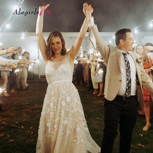 Goddess Flower Appliques Wedding Dress 2020 Transparent Tulle Lace Scoop Beach Wedding Dresses Boho One Shoulder Wedding Gowns