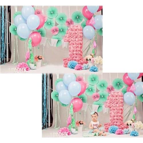 TR Baby 1st Birthday Backdrop for Photography Colorful Balloons Vinyl Background Pink Flowers Backdrops for Kids Party Photos