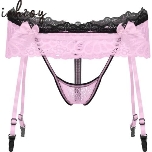 Mens Sexy Lingerie Sheer Lace Sissy Underwear Briefs Gay G-string Skirted Thongs Crotchless T-Back Panties with Garter