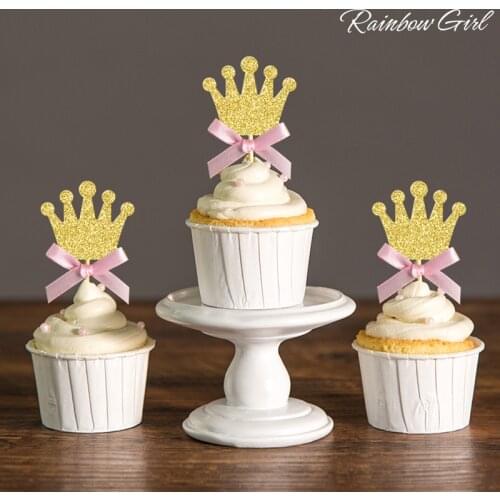 1st Birthday Princess Party Decorations Silver/Gold Glitter & Pink Bow Crown Cupcake Toppers Royal/Baby Shower Decor Food Picks